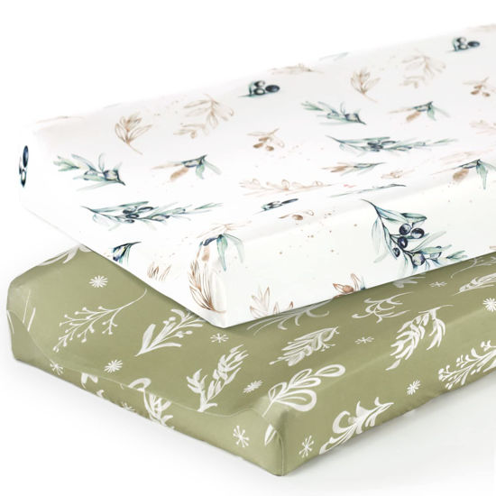 Picture of GRSSDER Stretch Ultra Soft Jersey Knit Changing Pad Cover Set 2 Pack,Change Table Pad Covers Fit 32"/34" x 16" Pads Safe and Snug,Stylish Watercolor Flora and Olive for Baby