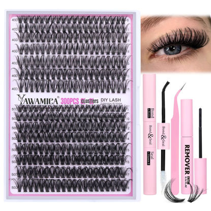 Picture of DIY Lash Extension Kit 300pcs Individual Lashes 9-18mm Mix 40D 50D Cluster Eyelash Extension Kit Wispy Lash Clusters with Lash Bond and Seal and Remover Lash Tweezers for Lash Extension by Yawamica