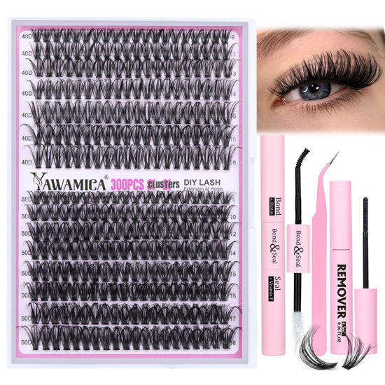 Picture of DIY Lash Extension Kit 300pcs Individual Lashes 9-18mm Mix 40D 50D Cluster Eyelash Extension Kit Wispy Lash Clusters with Lash Bond and Seal and Remover Lash Tweezers for Lash Extension by Yawamica