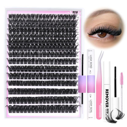 Picture of Lash Clusters Kit Fluffy Eyelash Extension Kit Thick Volume Individual Lashes 100D 10-18mm 300pcs Eyelash Clusters with Bond and Seal and Lash Remover and Lash Applicator Kit DIY at Home by Yawamica