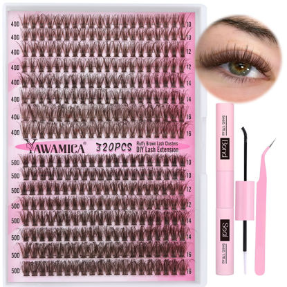 Picture of Yawamica Lash Extension Kit Brown Lash Clusters 10-16mm 40D 50D Mix Individual Lash Kit with Brown Lash Bond and Seal and Lash Applicator for DIY Eyelash Extension Beginners at Home