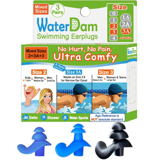 Picture of WaterDam Swimming Ear Plugs Great Waterproof Ultra Comfy Earplugs Prevent Swimmer's Ear (Size 2+3A+3: Small Ear Men Large Ear Teens Women (Blue Blue Black))