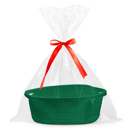 Picture of Pro Goleem Small Woven Basket with Gift Bags and Ribbons Durable Baskets for Gifts Empty Small Rope Basket for Storage 12"X 8" X 5" Baby Toy Basket with Handles, Green