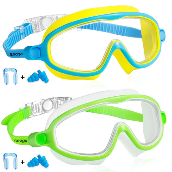 Picture of Goggles for kids Swimming 2 Pack No Leaking Anti-Fog Outer Eye Fit with Wide View UV Protection Crystal Clear Watertight Swim Goggles with nose cover Suitable for Children Youth Boys Girls Age 3 to 15