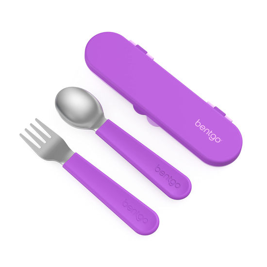 Picture of Bentgo® Kids Stainless Steel Utensil Set - Reusable Fork, Spoon & Storage Case - High-Grade BPA-Free Stainless Steel, Easy-Grip Handles, Dishwasher Safe for School Lunch, Travel & Outdoors (Purple)