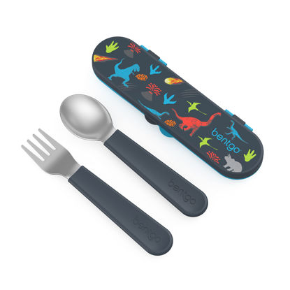 Picture of Bentgo® Kids Stainless Steel Utensil Set - Reusable Fork, Spoon & Storage Case - High-Grade BPA-Free Stainless Steel, Easy-Grip Handles, Dishwasher Safe for School Lunch, Travel & Outdoors (Dinosaur)