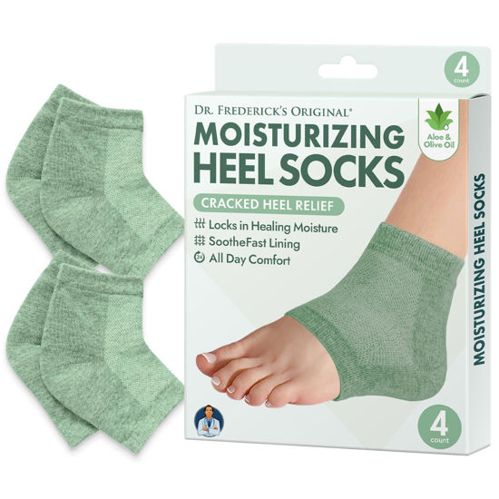 Picture of Dr. Frederick's Original Moisturizing Heel Socks for Cracked Heel Treatment - 2 Pairs - Heel Socks for Dry Cracked Feet - Cracked Heel Repair - Heal Dry Heels - Foot Care for Women & Men - Green Aloe