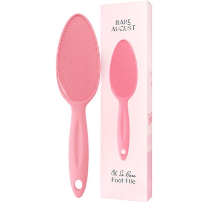 Picture of Bare August Glass Foot File Callus Remover for Feet - Heel Scraper & in Shower Foot Scrubber Dead Skin Remover - Pedicure Foot Buffer for Soft Feet (with Handle, Pink)