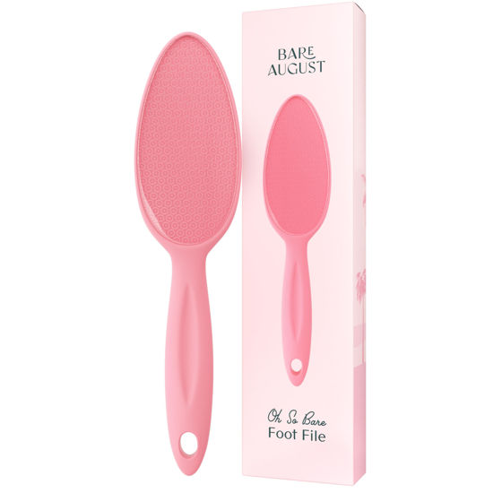 Picture of Bare August Glass Foot File Callus Remover for Feet - Heel Scraper & in Shower Foot Scrubber Dead Skin Remover - Pedicure Foot Buffer for Soft Feet (with Handle, Pink)