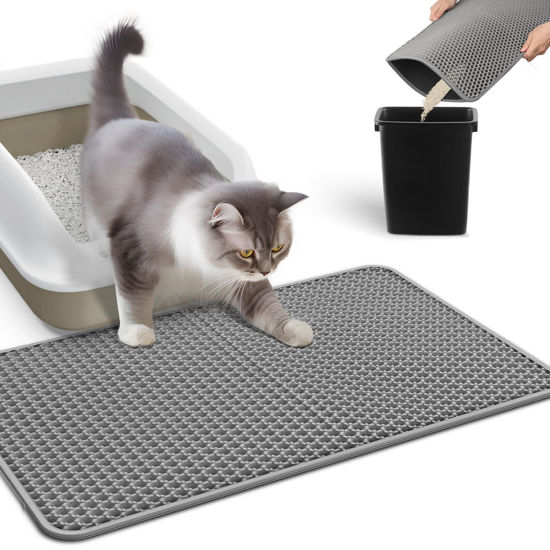 Picture of Powools Cat Litter Mat Large - 24"x15" Litter Trapping Mat, Easy to Clean Litter Box Mat, Waterproof, Urine-Proof, Non-Slip Kitty Litter Mats for Floor, Grey