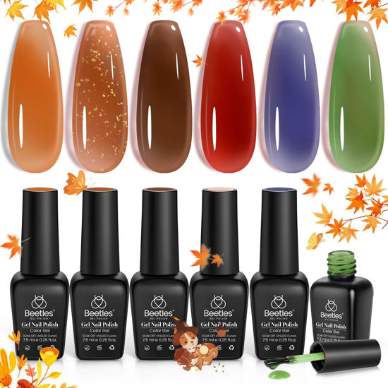 Picture of beetles Fall Jelly Gel Nail Polish 6 Colors Transparent Gel Polish Set Brown Red Blue Green Orange Fall Nail Polish Soak Off LED UV Curing Manicure Kit Gift for Women