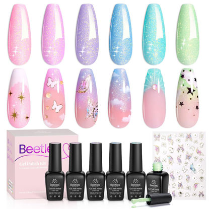 Picture of Beetles Shimmer Gel Nail Polish Set - 6 Colors Purple Glitter Gel Polish Blue Green Mermaid Nails, Pastel Nail Gel Drawing Soak Off Uv Led Needed with Nail Sticker Gifts for Her