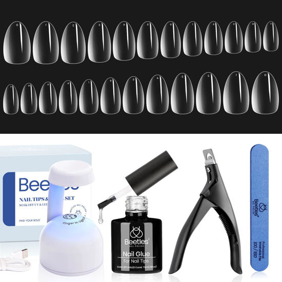 Picture of Beetles Gel Nail Kit Easy Extension Set, XS Short Almond Pre Shaped 240 Pcs Clear False Acrylic Nails Tips with 5 In 1 Nail Glue Innovative Uv Led Lamp DIY Manicure Salon at Home Women Gift