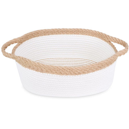 Picture of ABenkle Small Woven Basket, 12"x 8" x 5" Cute Small Basket, Rope Room Shelf Storage Basket, Cat Dog Toys Basket Chest Box, Empty Decorative Gift Basket with Handles - White & Jute