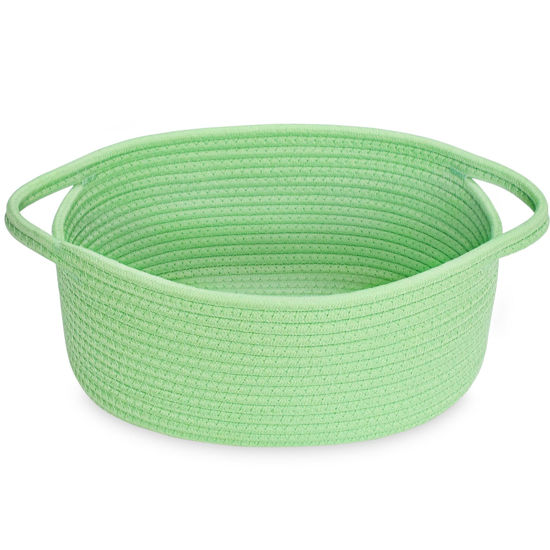 Picture of ABenkle Small Woven Basket, 12"x 8" x 5" Cute Small Basket, Rope Room Shelf Storage Basket, Cat Dog Toys Basket Chest Box, Empty Decorative Gift Basket with Handles -Green