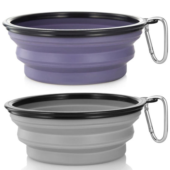 Picture of Dog Bowl Pet Collapsible Bowls, 2 Pack Collapsible Dog Water Bowls for Cats Dogs, Portable Pet Feeding Watering Dish for Walking Parking Traveling with 2 Carabiners (Large, Purple & Concrete Gray)