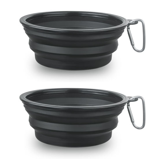 Picture of Dog Bowl Pet Collapsible Bowls, 2 Pack Collapsible Dog Water Bowls for Cats Dogs, Portable Pet Feeding Watering Dish for Walking Parking Traveling with 2 Carabiners (Large, Black+Black)