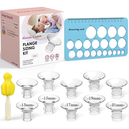 Picture of Nursi Luna Flange Sizing Kit with 10PCS Flange Inserts 13/15/17/19/21mm, Nipple Measurement Tool Ruler, Cleaning Brush, Silicone Flange Insert Kit for 24mm Most Pumps, Pumping Breastfeeding Essentials