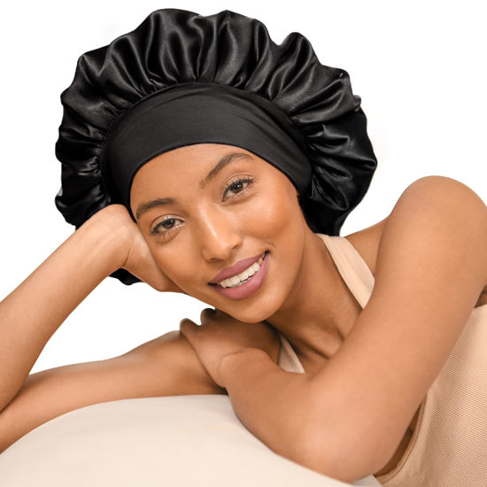 Picture of YANIBEST Silk Bonnet for Sleeping Women Double Layer Satin Lined Hair Bonnets for Sleeping Soft Elastic Band Silk Sleep Cap for Curly Natural Hair