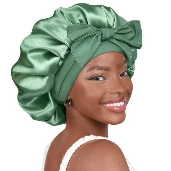 Picture of YANIBEST Satin Bonnet Silk Bonnet for Sleeping Double Layer Satin Lined Black Hair Bonnet with Tie Band Bonnets for Women Natural Curly Hair