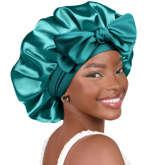 Picture of YANIBEST Satin Bonnet Silk Bonnet for Sleeping Double Layer Satin Lined Black Hair Bonnet with Tie Band Bonnets for Women Natural Curly Hair