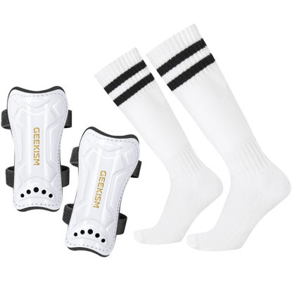 Picture of Geekism Soccer Shin Guards for Youth Kids Toddler, Protective Soccer Shin Pads & Socks Equipment - Football Gear for 3 5 4-6 7-9 10-12 Years Old Children Teens Boys Girls (White, Small)