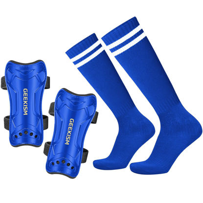 Picture of Geekism Soccer Shin Guards for Youth Kids Toddler, Protective Soccer Shin Pads & Socks Equipment - Football Gear for 3 5 4-6 7-9 10-12 Years Old Children Teens Boys Girls (Blue, Small)