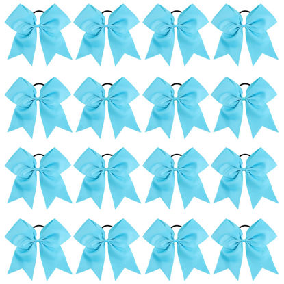 Picture of 16PCS 8" Large Cheer Hair Bows Ponytail Holder Elastic Band Handmade for Cheerleading Teen Girls College Sports (Sky Blue, 16 Count (Pack of 1))