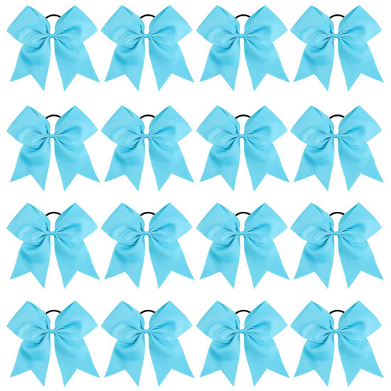 Picture of 16PCS 8" Large Cheer Hair Bows Ponytail Holder Elastic Band Handmade for Cheerleading Teen Girls College Sports (Sky Blue, 16 Count (Pack of 1))