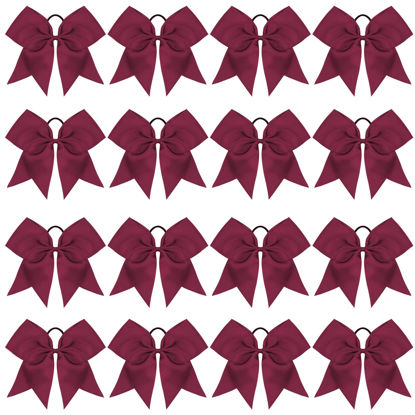 Picture of 16PCS 8" Large Cheer Hair Bows Ponytail Holder Elastic Band Handmade for Cheerleading Teen Girls College Sports (Maroon, 16 Count (Pack of 1))