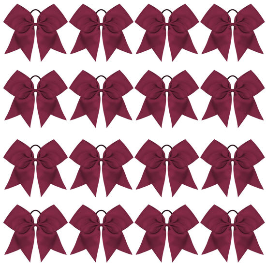 Picture of 16PCS 8" Large Cheer Hair Bows Ponytail Holder Elastic Band Handmade for Cheerleading Teen Girls College Sports (Maroon, 16 Count (Pack of 1))