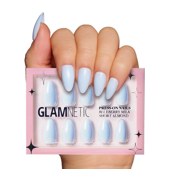 Picture of Glamnetic Press On Nails - Blueberry Milk Light Blue Solid Opaque Short Almond False Nails, Reusable Stick On Fake Nails with Glue | Salon Quality | 15 Sizes - 30 Nail Kit