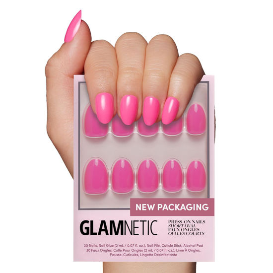 Picture of Glamnetic Press On Nails - Hot Pink | Opaque Bright Neon Pink Short Oval Fake Nails, Reusable | 15 Sizes - 30 Nail Kit