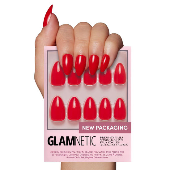 Picture of Glamnetic Press On Nails - Fiery Red | Opaque Bright Red Short Almond Fake Nails, Reusable | 15 Sizes - 30 Nail Kit