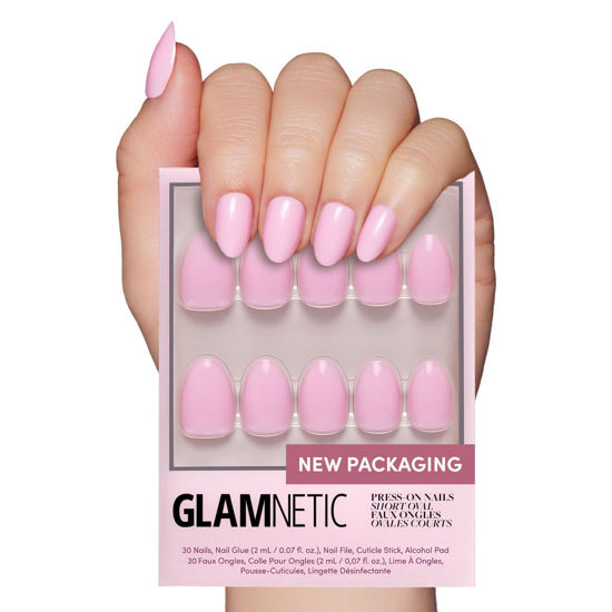 Picture of Glamnetic Press On Nails - Think Pink | Solid Opaque Light Pastel Pink Short Oval Nails, Reusable | 15 Sizes - 30 Nail Kit