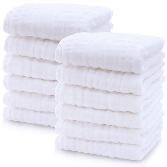 Picture of Cute Castle 12 Pack Muslin Baby Washcloths - Large 12'' by 12'' - Ultra Soft 100% Cotton - Super Absorbent Burp Cloths for Unisex, Boy, Girl -White