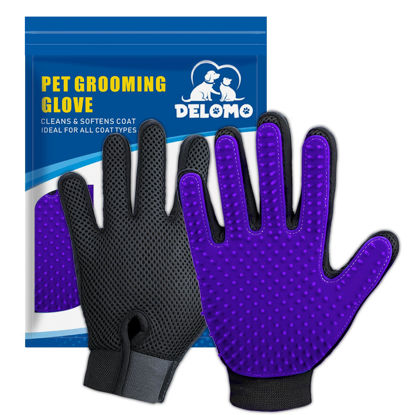 Picture of Upgrade Version Pet Grooming Glove - Gentle Deshedding Brush Glove - Efficient Pet Hair Remover Mitt - Enhanced Five Finger Design - Perfect for Dog & Cat with Long & Short Fur - 1 Pair (Purple)