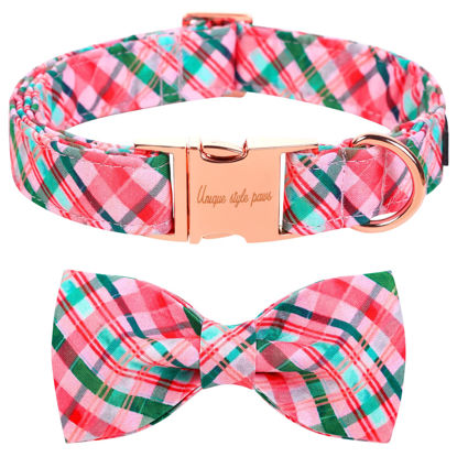 Picture of Unique style paws Dog Collar with Bow Pink & Green Plaid Dog Collar Best Gifts for Small Medium Large Dogs -XS