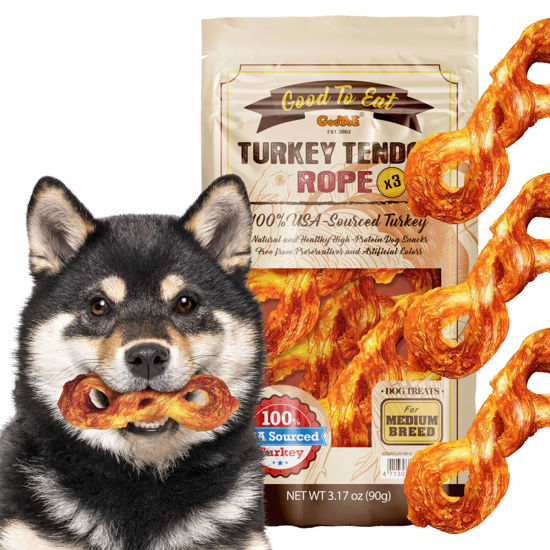 Picture of Gootoe Turkey Tendon Dog Treats - 100% USA-Sourced, Natural Snack, Premium Training Chews, Hypoallergenic, Reseal Value Bags, Size for Medium Dogs, Rope (Medium) 3 Unit/Pack