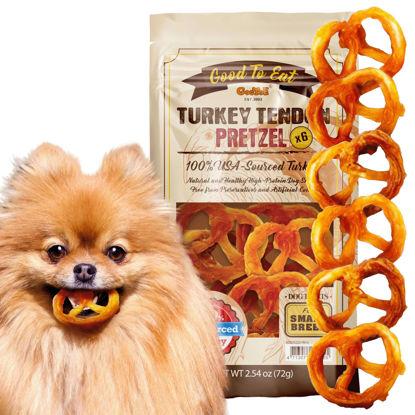 Picture of Gootoe Turkey Tendon Dog Treats - 100% USA-Sourced, Natural Snack, Premium Training Chews, Hypoallergenic, Reseal Value Bags, Size for Small Dogs, Pretzel (Small) 6 Unit/Pack