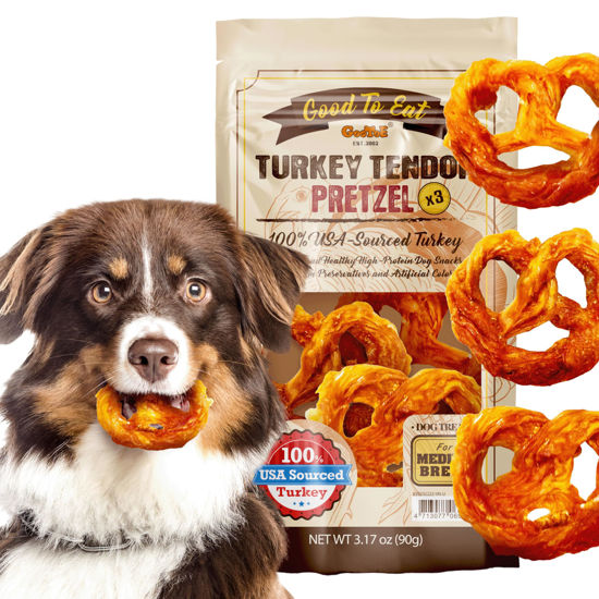 Picture of Gootoe Turkey Tendon Dog Treats - 100% USA-Sourced, Natural Snack, Premium Training Chews, Hypoallergenic, Reseal Value Bags, Size for Medium Dogs, Pretzel (Medium) 3 Unit/Pack