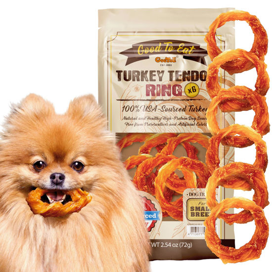 Picture of Gootoe Turkey Tendon Dog Treats - 100% USA-Sourced, Natural Snack, Premium Training Chews, Hypoallergenic, Reseal Value Bags, Size for Small Dogs, Ring (Small) 6 Unit/Pack