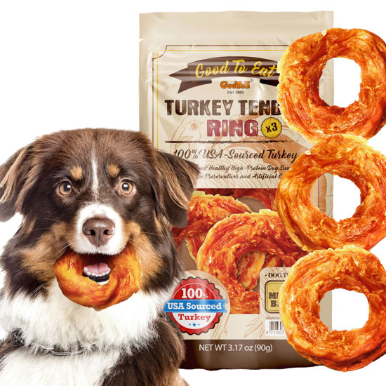 Picture of Gootoe Turkey Tendon Dog Treats - 100% USA-Sourced, Natural Snack, Premium Training Chews, Hypoallergenic, Reseal Value Bags, Size for Medium Dogs, Ring (Medium) 3 Unit/Pack