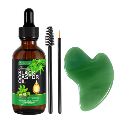 Picture of ALIVER Jamaican Black Castor Oil with Jade Stone Gua Sha Massage Tool, Castor Oil Organic Cold Pressed Unrefined, 100% Pure and Natural Castor Oil for Body Hair Eyelash and Skin, 2.02 Fl oz