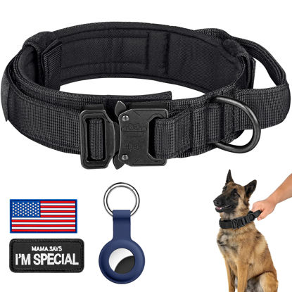 Picture of DAGANXI Tactical Dog Collar, Adjustable Military Training Nylon Dog Collar with Control Handle and Heavy Metal Buckle for Medium and Large Dogs, with Patches and Airtags Case (S, Black)