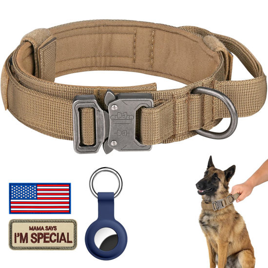 Picture of DAGANXI Tactical Dog Collar, Adjustable Military Training Nylon Dog Collar with Control Handle and Heavy Metal Buckle for Medium and Large Dogs, with Patches and Airtags Case (S, Brown)