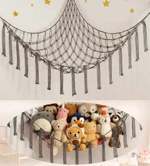 Picture of Stuffed Animal Storage Hammock Net - Toy Hammock Net for Stuffed Animals Corner - Hanging Stuff Animal Organizer Holder Large Size Baby Nursery Room Decor-Grey