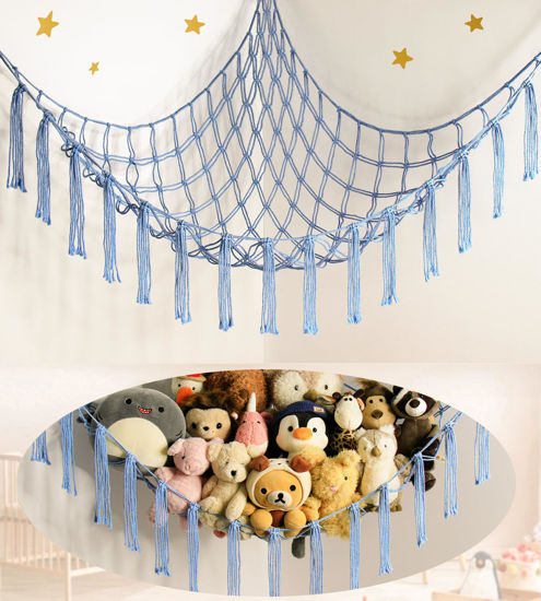 Picture of mirolam Stuffed Animal Storage Hammock Net - Toy Hammock Net for Stuffed Animals Corner - Hanging Stuff Animal Organizer Holder Large Size Baby Nursery Room Decor-Blue