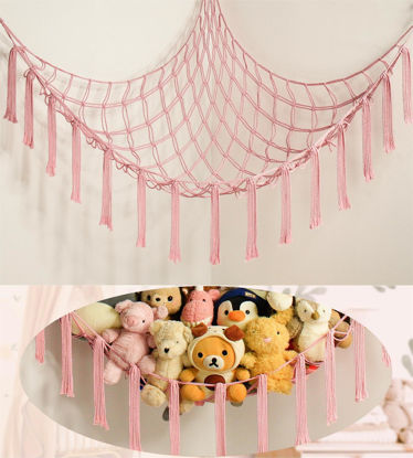 Picture of mirolam Stuffed Animal Storage Hammock Net - Toy Hammock Net for Stuffed Animals Corner - Hanging Stuff Animal Organizer Holder Large Pink Baby Nursery Room Decor