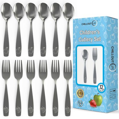 Picture of Stainless Steel Kids Silverware Set - Child and Toddler Safe Flatware - Kids Utensil Set - Metal Kids Cutlery Set (Includes 6 Small Kids Spoons & Kids 6 Forks)